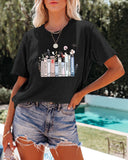Summer New Book Flower T-shirt Cute Fashion Round Neck Pullover