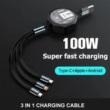 3 In 1 Retractable 100W Cable Fast Charging And Data Micro Usb Type C For Iphone Android Phone Xiaomi Huawei OPPO