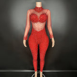 Nightclub bar party sexy red perspective mesh diamond tight jumpsuit for women's performance