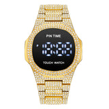 PINTIME Men Watch Digite Wristwatch LED Display Dial Waterproof Stainless Steel Strap Luxury Diamond Montre Homme Relogio  Gold