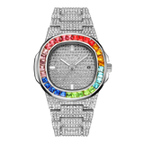 PINTIME Men's Watches Fashion Quartz Wristwatch Luxury Bling Iced Out Colored Diamond Case Stainless Steel Strap Waterproof 3ATM