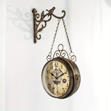 1pc, Double Sided Wall Clock Iron Art Clock Living Room Retro Clock Metal Round Battery Powered Silent Clock, Photo Props, Outdoor Decor
