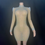 High end socialite sexy mesh full diamond dress, new autumn winter style slim fit long sleeved and hip wrapped short skirt