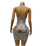 Spicy Girl Personalized Reflective Lens Design Sense Elegant Celebrity Hanging Neck Chest Ultra Short Wrapped Hip Skirt Sexy Slimming