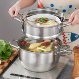 1pc, 2 Tier Steamer Pot, 10''/25.5cm Stainless Steel Steaming And Cooking Integrated Pot With Lid, Universal For Induction Cooker