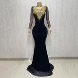 2024 Elegant Female Hostess Singer Stage Long Slim Fit Gold Full Diamond Luxury Crowd Dress