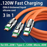 3 in 1 120W 6A Fast Type C Micro Samsung Huawei Xiaomi Phone Charger USB for iPhone Charging Cable