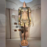 Nightclub Bar Egyptian Printed Hot Diamond False Exposed Meat Long sleeved jumpsuit Tight and Sexy Perspective Female Singer Dress