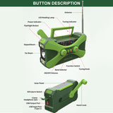Hand Crank Radio Emergency Solar Rechargeable Waterproof Type-C Phone Charger Camping Hiking Flashlight Light Green