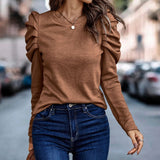 Round Neck Puff Sleeve Button Long Sleeve Top