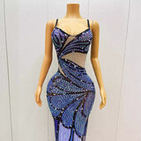 Sexy suspender with sparkling diamond print, fashionable slit, slim fit, stage host dress
