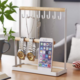 Tree Stand Organizer, 3 Tier Table Top Necklace Holder with Jewelry Tray Base, White Metal and Wood Basic