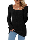 Square Collar Hollow Striped Brushed Casual Long Sleeve