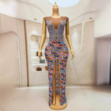 Fashionable ethnic style colorful floral long sexy front slit slim fit company banquet evening dress
