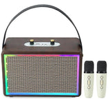 (Brown) Leather Colorful Light Effect Karaoke Audio Retro Outdoor Bluetooth Speaker Dual-microphone