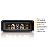 Tire Pressure Monitoring System Wireless Solar Power 4 Sensors Car TPMS Safety Alarm Digital Display Tyre Tester Accessories