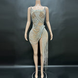 2024 Black Fashion Sexy Slim Fit Bag Hip Mini Short Silver Tassel Dance Stage Performance Dress