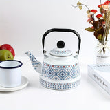 1pc 1.1L Enamel Hot Water Kettle Household Enamel Geometric Print Memory Flower Target Ancient Clock Kettle