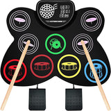 9-Pads Roll-Up Practice Drum Pad with Drumsticks and Foot Pedals - Built-in Stereo Speakers, Christmas/Birthday Gift for Kids