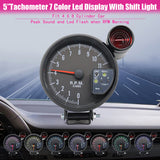 5 Inch Black 7 Colors Backlight with Shift Light Peak Sound LED Flash When RPM Warning Tachometer Gauge