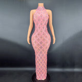 Sexy Shiny Water Diamond Silver Large Women's Evening Hanging Neck Fish Tail Long Dress Sleeveless