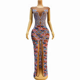 Fashionable ethnic style colorful floral long sexy front slit slim fit company banquet evening dress