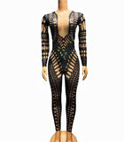 2024 autumn new contrasting color patchwork mesh perspective small V-neck zipper slim fit long sleeved diamond inlaid jumpsuit