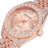 PINTIME Watches Men Luxury Diamond Iced Out Stainless Steel Strap Rome Dial Fashion Quartz Wristwatches Waterproof Reloj Hombre