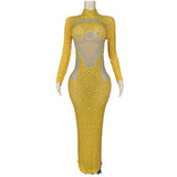The same style as female star, the luxurious golden temperament, full of rhinestones, long sleeved design, slim fit, sexy, buttocks wrapped party banquet