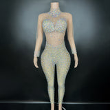 Nightclub bar party sexy red perspective mesh diamond tight jumpsuit for women's performance