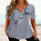 Summer Loose V-neck Short Sleeve Pleated Button Shirt For Women