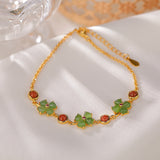 S925 Sterling Silver Gold Plated South Red Hetian Jasper Personalized Fashion Four Leaf Clover Bracelet