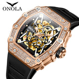 ONOLA Luxury Diamond Inlaid Square Design Men Watch Fully Automatic Mechanical Tape Waterproof Man WristWatch Relogio Masculino