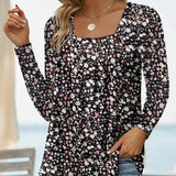 Square Collar Long Sleeve Dovetail Floral T-shirt
