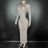 Sparkling Diamond Pearl Design Sensory Pattern Sexy Perspective Skirt Style Long sleeved Singer Stage Dress