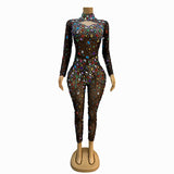 Colorful rhinestone black high-end mesh design with a sense of temperament and perspective, sexy hip lifting jumpsuit