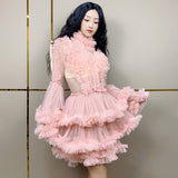 Pink Mesh Bubble Sleeves Princess Evening Party Dress Girl Cute Daily Short Skirt