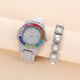 Full Diamond Inlaid Color Diamond Steel Belt Square Belt Calendar Quartz Wrist Watch