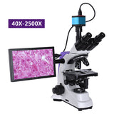 Professional Lab Biological HD Trinocular Microscope Zoom 2500X 2/16MP Electronic Digital Camera USB HDMI VAG + 10-inch LCD