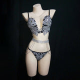 Nightclub bar tour, female singer runway show, new luxury bikini set, side tassels, sexy temperament