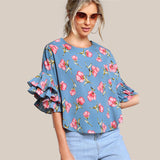 Ladies T-shirt Round Neck Lotus Leaf Double Layer Bell Sleeve Short Chic Top