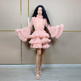 Pink Mesh Bubble Sleeves Princess Evening Party Dress Girl Cute Daily Short Skirt