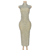 Dress in Chinese qipao style with a waistband slim fit, sleeveless and super sparkling full diamond dress