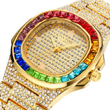 PINTIME Men's Watches Fashion Quartz Wristwatch Luxury Bling Iced Out Colored Diamond Case Stainless Steel Strap Waterproof 3ATM