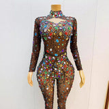 Colorful rhinestone black high-end mesh design with a sense of temperament and perspective, sexy hip lifting jumpsuit