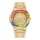 PINTIME Men's Watches Fashion Quartz Wristwatch Luxury Bling Iced Out Colored Diamond Case Stainless Steel Strap Waterproof 3ATM
