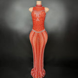 Luxury and atmospheric red temperament host stage sexy slim fit, buttocks wrapped female star evening dress, sleeveless