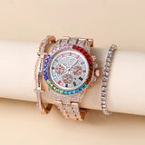 Fake Three-Eye Diamond Colorful Crystals Steel Belt Bracelet Bracelet Three-piece Set