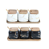 3Pcs Nordic Style Marble Pattern Ceramics Spice Jar Suit Kitchen Storage Seasoning Tool with Lid with Spoon Kitchen Accessories