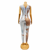 Design sense, hollowed out lenses, personalized street runway dress, unique temperament, niche, tight fitting, sexy jumpsuit